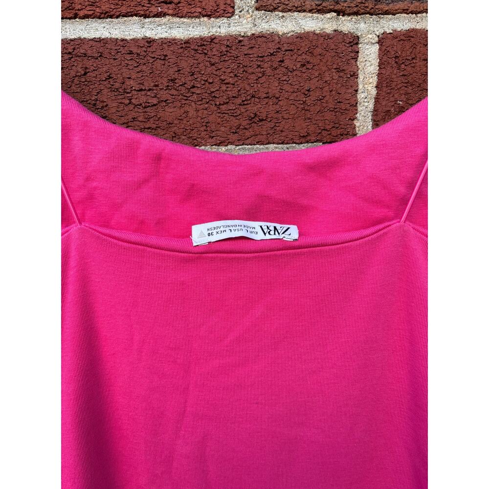 Zara Hot Pink Bodycon Mini Dress Size Large Spaghetti Strap Stretch Club - Picture 6 of 8